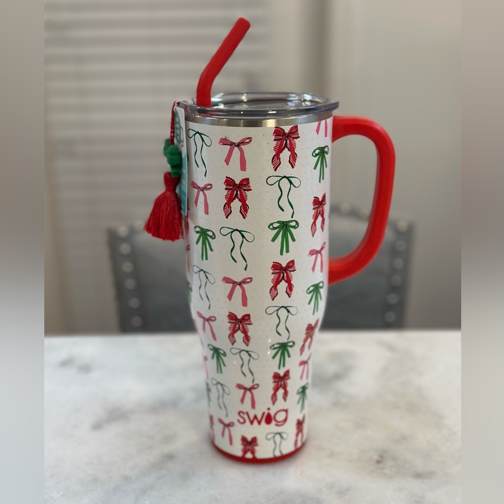 SWIG Red & Green Ribbons and Bows Festive Design Stainless Steel 40oz Tumbler